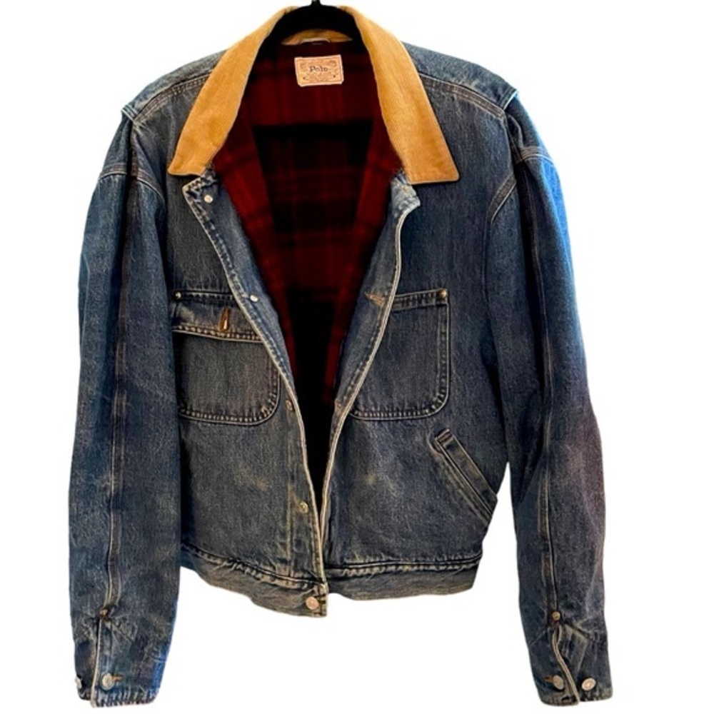 Vintage POLO Dungarees wool buffalo check denim coat corduroy collar XL